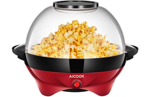 AICOOK Electric Hot Oil Popcorn Popper Machines, Popcorn Maker with Stirring Rod Offers Large Lid for Serving Bowl and Convenient Storage, 6-Quart/24-Cup, Red