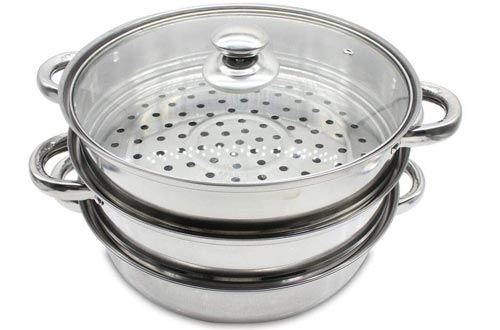 3 Tier Steamer Pots Steaming Cookware Multi-Layer Boiler Pots with Handles on Both Sides+Glass Lid,Diameter 11Inch Height 9.84Inch Stainless Steel Kitchen Cooking Pots