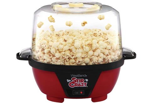 West Bend 82505 Stir Crazy Electric Hot Oil Popcorn Popper Machines with Stirring Rod Offers Large Lid for Serving Bowl and Convenient Storage, 6-Quart, Red