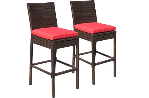 Sundale Outdoor 2 Pcs All Weather Patio Furniture Brown Wicker Barstool with Cushions, Red