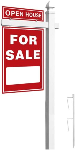 Houseables Real Estate Sign Post, 6’ Tall, White, PVC Vinyl, with Gothic Cap, Rider Clips, Outdoor Yard Display, Realtor Signs, for Estate Sales, Open House, Coming Soon, Frame & Stake, Reusable