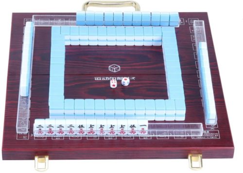 Erencook Miniature Chinese Mahjong Game Set with Foldable Table 144 Mini-Tiles, Case, and Accessories, Travel Set