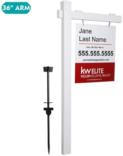 kdgarden Vinyl PVC Real Estate Sign Post 6ft. Tall (4"x 4"x 72") Realtor Yard Sign Post for Open House and Home for Sale, 36" Arm Holds Up to 24" Sign, White with Flat Cap(No Sign)