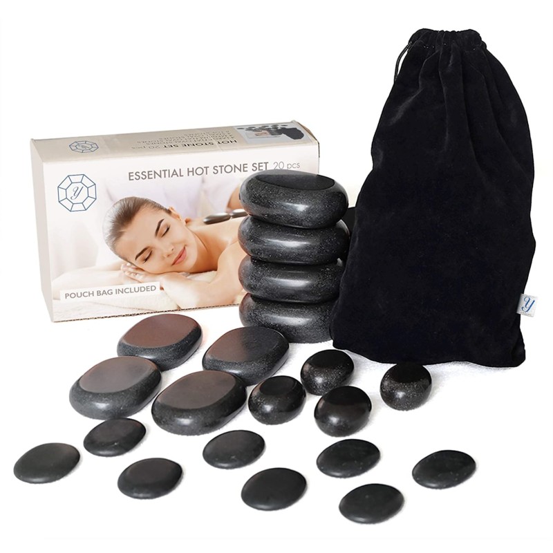 YOMMI Hot Stones Massage Premium Set | 20 pcs Total Basalt Energy Rocks for Spa | Professional Essential Kit Relaxing Massages, Healing Pain Relief Black Smooth Stone| Storage Pouch Bag Included