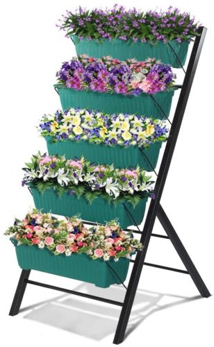 Cascading Water Drainage 5 Container Boxes Freestanding Elevated Plastic Planters with 15 Pcs Plant Labels