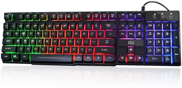3. Rii RK100+ Multiple Color Rainbow LED Backlit Large Size usb Wired Mechanical Feeling Multimedia Gaming Keyboard