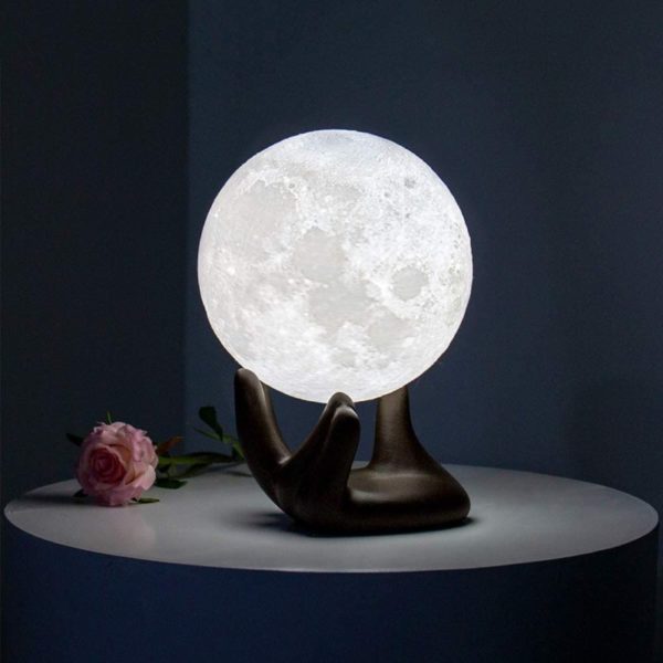 7. BRIGHTWORLD Moon Lamp, 3.5 inch 3D Printing Lunar Lamp Night Light with Black Hand Stand as Kids Women Girls Boy Birthday Gift