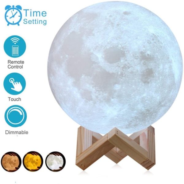 9. AED 3D Printed Moon Lamp with Stand, Touch & Remote Control
