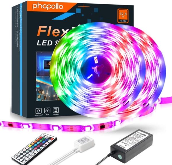 9. PHOPOLLO LED Strip Lights, 32.8ft RGB Color Changing 5050 Supper Brightness 600LEDs Waterproof Flexible LED Tape Light Kit