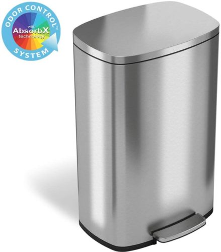 iTouchless SoftStep 13.2 Gallon Stainless Steel Step Trash Can with Odor Control System, 50 Liter Pedal Garbage Bin for Kitchen, Office, Home - Silent and Gentle Open and Close