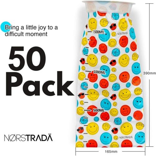 Disposable Vomit Bags- 50 Pack Face Design, Travel Motion Sickness, Throw Up Emesis Bag, Large 1500mL, Sealable Car Sickness Bags for Kids, Adults, Pregnancy or Medical.