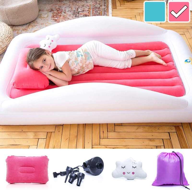 Sleepah Inflatable Toddler Travel Bed – Inflatable & Portable Bed Air Mattress Set –Blow up Mattress for Kids with High Safety Bed Rails. Set Includes Pump, Case, Pillow & Plush Toy (Coral)