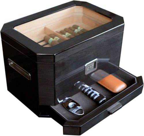 Octodor-Large-Black-Piano-Finish-Glass-Top-Cedar-Humidor-with-Digital-Hygrometer-Humidification-System-and-Accessory-Drawer-Holds-50-100-Cigars-by-Case-Elegance