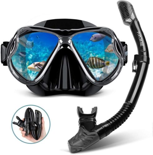 POPCHOSE Snorkel Set Silicone Snorkeling mask Set for Adults and Youth, Foldable Dry Top Snorkel Anti-Leak Anti-Fog Adjustable Diving Mask Gear Mesh Bag for Snorkeling, Diving, Swimming