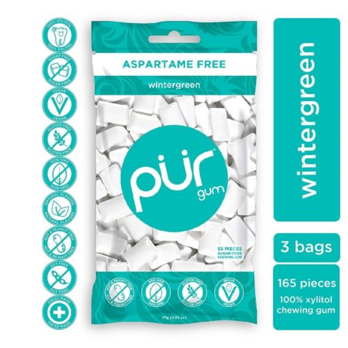 PUR 100% Xylitol Chewing Gum, Wintergreen, Sugar-Free + Aspartame Free, Vegan + non GMO, 55 Count (Pack of 3)